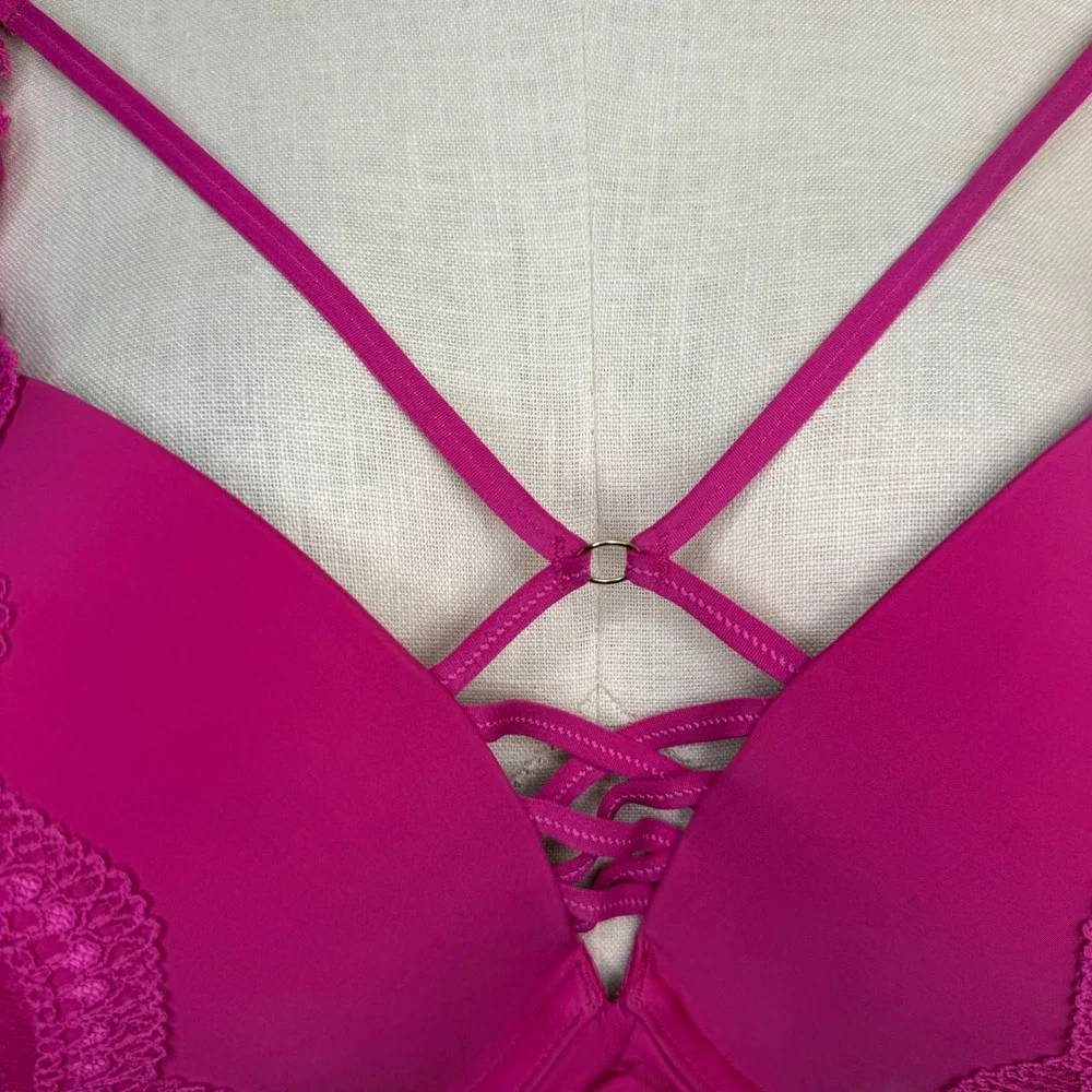 Torrid 44D Torrid XO Lace Push Up Plunge Bra Pink Strappy Lace